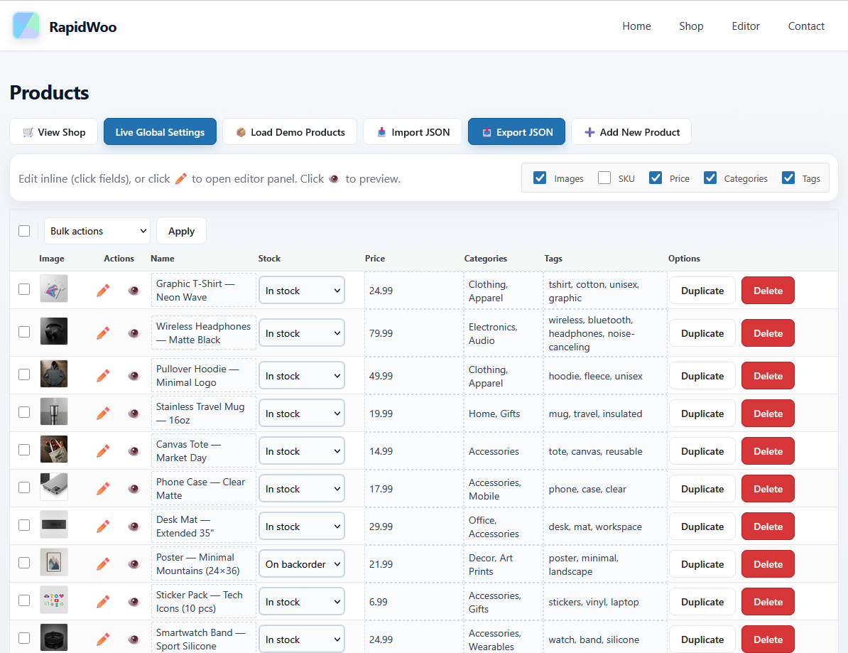 RapidWoo Product Editor - Spreadsheet-style interface
